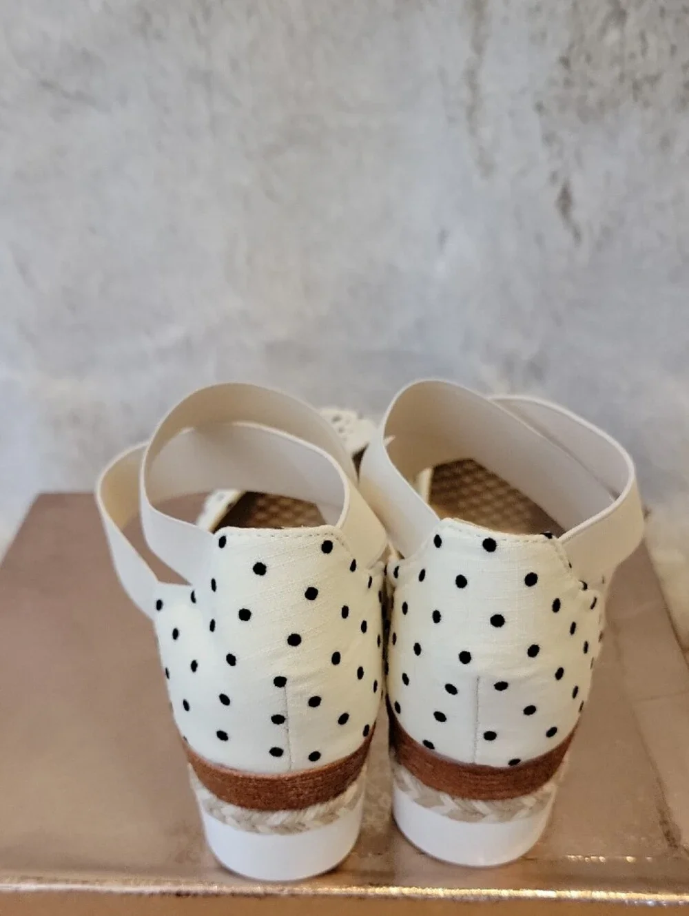 Cream Polka Dot Wedge Espadrille Sandals with Ankle Strap